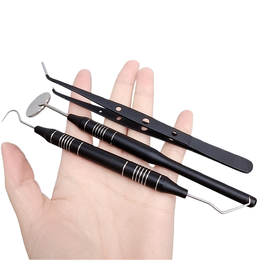 Dental Mirror Probe - デンタルブラック＆ゴールド3ピースステンレス鋼キット：口腔鏡、プローブ＆ピンセット – クリニック用プロフェッショナル口腔検査器具