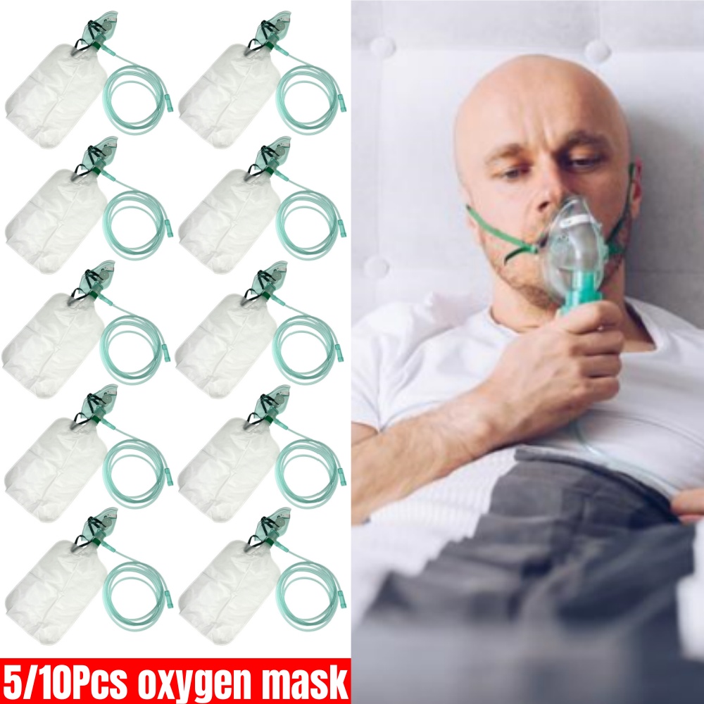 Oxygen Mask Non-Rebreather - 5-10 個使い捨て大人用高濃度酸素フェイスマスク、チューブ付き、非再呼吸酸素マスク、弾性リザーバーバッグ付き