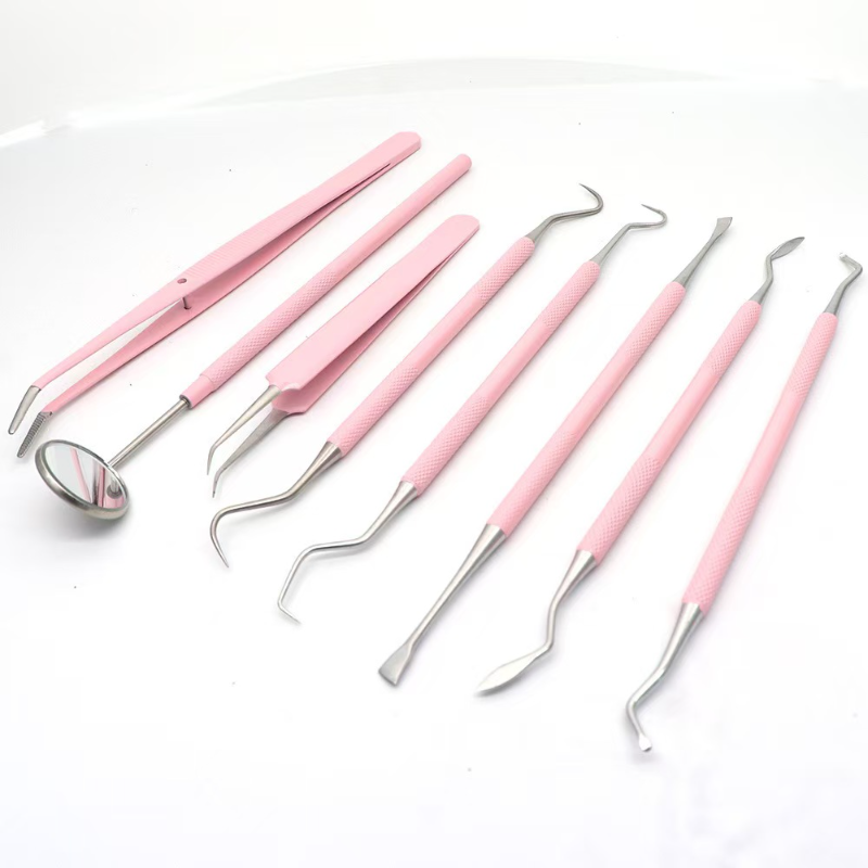 8個入り歯科器具歯磨きツールピンクキット口腔鏡ピンセットダブ - Dental Mirror Probe のレビューと価格